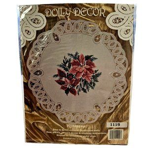 Willmaur Crafts Cross Stitch Poinsettia Doily Battenburg Lace edged #14 aida